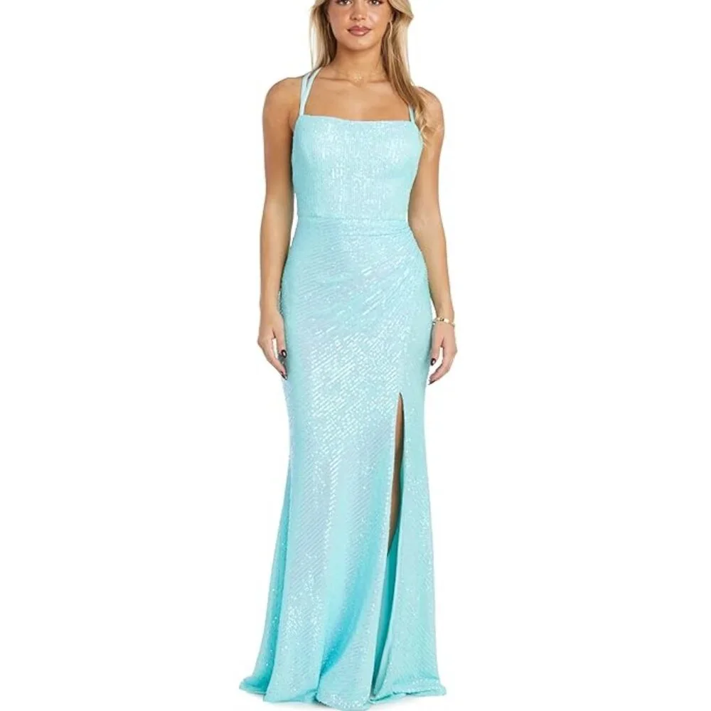 New MORGAN & CO. Aqua Marine Spaghetti Straps Evening/Cocktail Maxi Dress P6106 - Picture 1 of 12